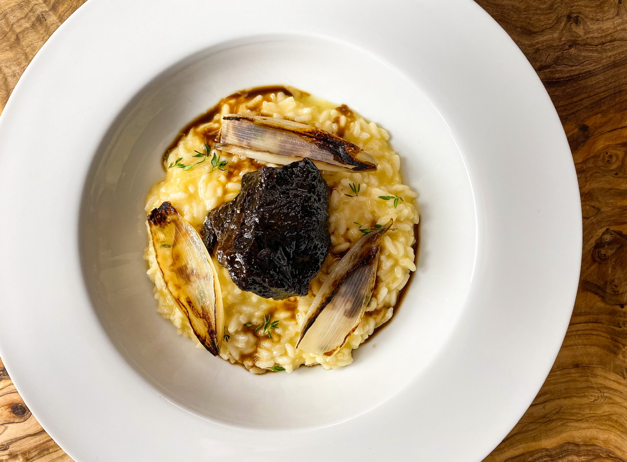 Braised Ox Cheek Risotto with Burnt Onion Shells, Thyme and Smoked Bone Marrow
